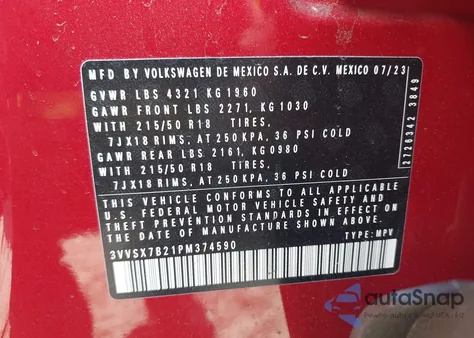 2023 Volkswagen Taos 1.5T Se из США, поврежденный, VIN 3VVSX7B21PM374590